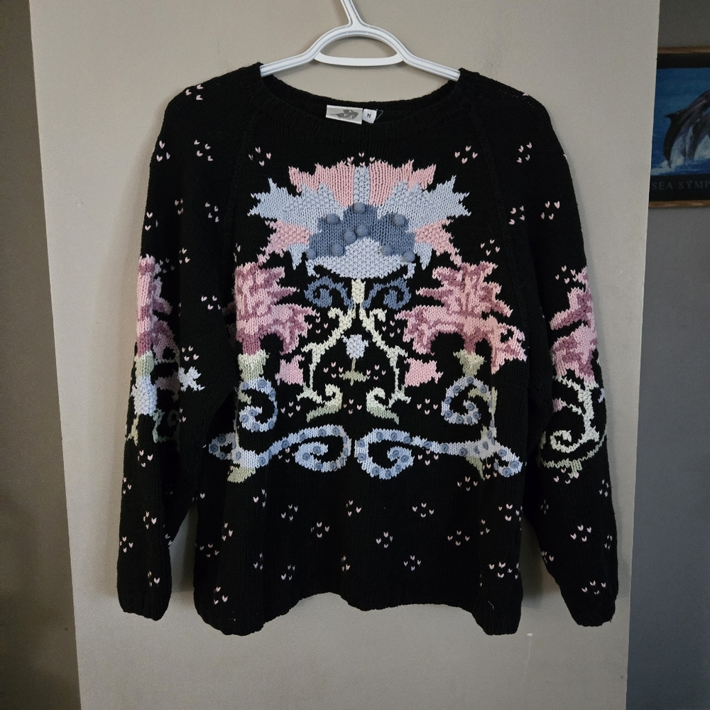 Vintage 90s Floral Chunky Knit Sweater Womens Medium Cottage - Picture 1 of 8